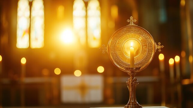 pyx. Golden pyx on church altar illuminated by warm candlelight, shallow depth of field. event programs, museum guides, designed for cultural heritage projects and event programs.