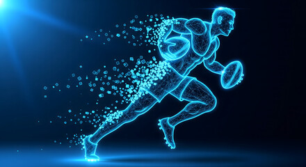 Abstract glowing blue wireframe of a rugby player running, showcasing speed, energy, and digital data