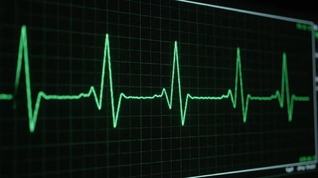 Glowing green ECG reading showing a steady, vital heart rhythm across a monitor's dark grid, representing life, medical technology, critical care, and cardiology.