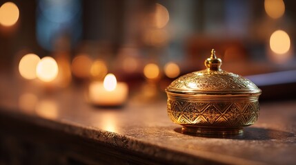 pyx. Golden pyx on church altar illuminated by warm candlelight, shallow depth of field. event programs, museum guides, designed for cultural heritage projects and event programs.