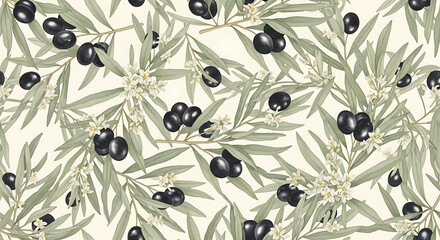 Watercolor olive branch botanical pattern. Features sage green branches, black olives, and delicate white blossoms on a cream rustic Mediterranean background. Seamless repeat