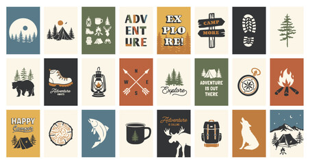 Outdoor themed vector set with camping icons, woodland animals, badges, tents, mountains, quotes, and adventure graphics. Perfect for stickers, posters, apparel, and nature inspired designs.