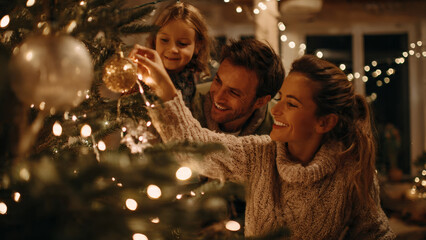 Family decorating christmas tree with ornaments