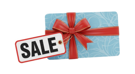 Blue Gift Card With Red Ribbon Bow and Sale Tag Isolated on Transparent Background