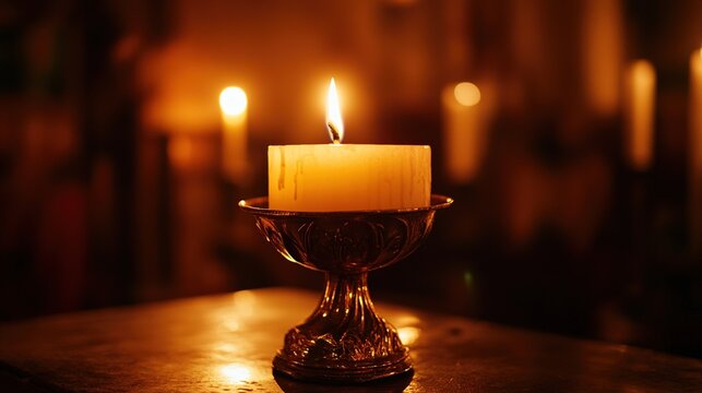 pyx. Golden pyx on church altar illuminated by warm candlelight, shallow depth of field. event programs, museum guides, designed for cultural heritage projects and event programs.