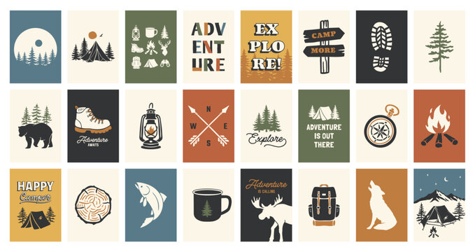 Outdoor themed vector set with camping icons, woodland animals, badges, tents, mountains, quotes, and adventure graphics. Perfect for stickers, posters, apparel, and nature inspired designs.