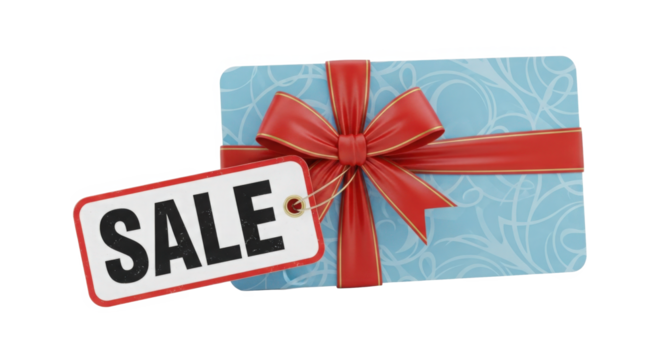 Blue Gift Card With Red Ribbon Bow and Sale Tag Isolated on Transparent Background