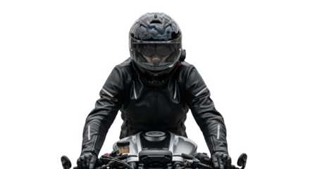 Motorcyclist Wearing Helmet and Leather Jacket Riding Motorcycle on Dark Background