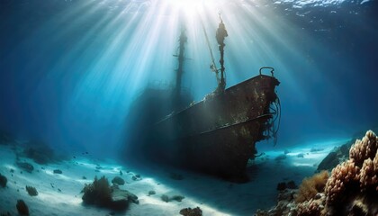 Underwater shipwreck against a blue background with sunlight and rays of light. Generated with AI