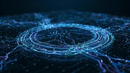 Glowing digital circuit with lines and glowing dots on a dark background. Data transmission concept, futuristic - Powered by Adobe