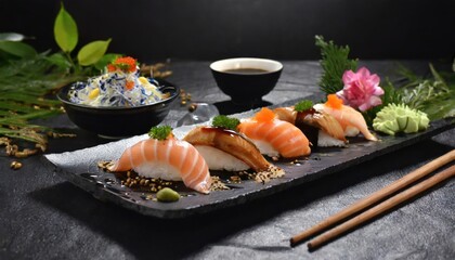 A sashimi sushi set with soy sauce on a dark background. Generated with AI