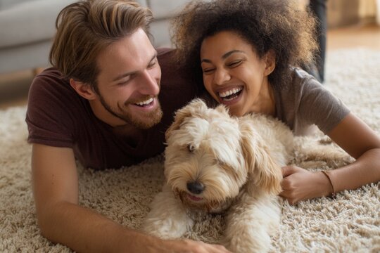 A man and woman laugh joyfully as they lie on a soft carpet, playing with their fluffy dog. The cozy living room setting creates a warm and happy atmosphere - Powered by Adobe
