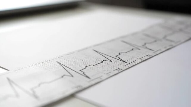 A close-up shot of an ECG/EKG strip showing a heart rhythm tracing on thermal paper, lying diagonally across a bright white desk, highlighting medical diagnostics and cardiology data.
