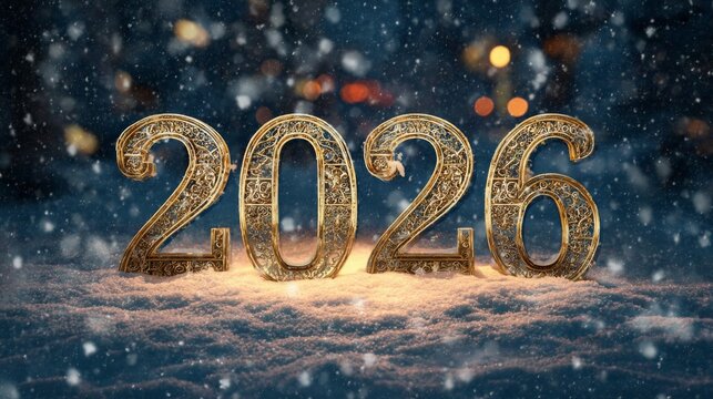 Decorative numbers 2026 are displayed prominently on a snowy landscape during a winter night, with soft snowfall and warm lights in the background, creating a joyful New Year ambiance