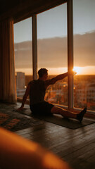 Fitness influencer stretching on yoga mat at dawn
