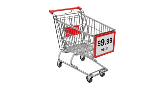 A small metal shopping cart with a price tag showing $9.99 isolated on transparent background - Powered by Adobe