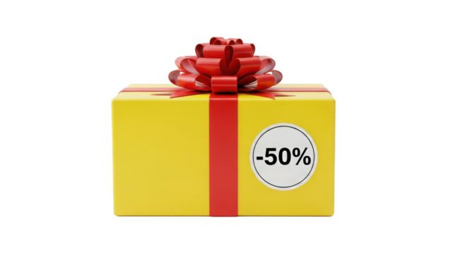 Bright Yellow Gift Box with Red Ribbon Featuring Fifty Percent Discount Tag Isolated on Black Background