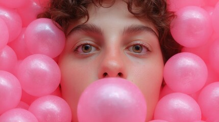 Obraz premium Close-up of a young child's face, with curly brown hair and blue eyes. the child is surrounded by a large number of pink balloons, which are floating around the child's head and neck.