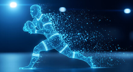 Futuristic digital athlete in motion, a virtual American football player running with the ball and dissolving into data particles