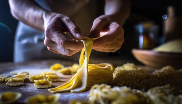Handmade Italian pasta, close-up of hands. Generated with AI - Powered by Adobe