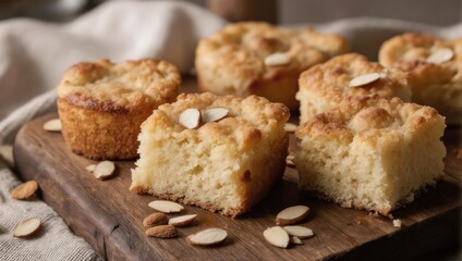 Close-up of several golden baked squares on a wooden board, garnished with almonds