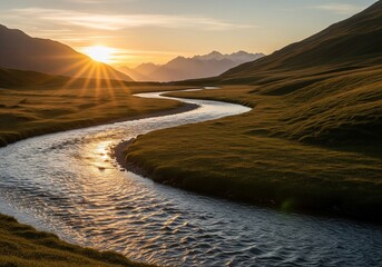 Winding Stream Meanders Through Rolling Green Hills at Golden Sunset with Mountain View
