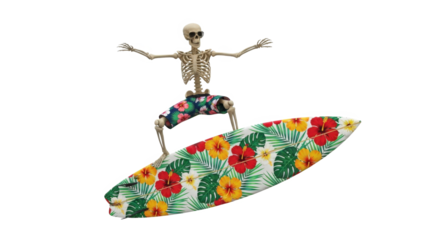 Skeleton Surfer Riding Tropical Hawaiian Flower Patterned Surfboard