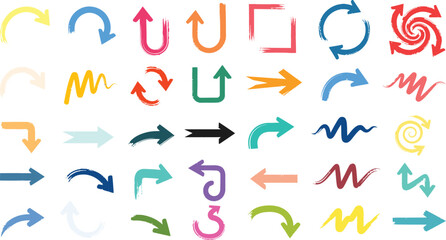 Collection of colorful and diverse arrow icons representing direction movement and progress in various styles