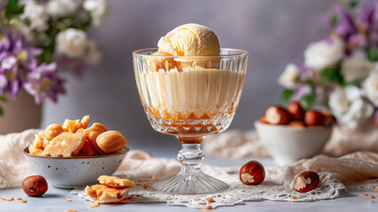 Fictional Zabaione, an Italian dessert with light custard, scoop of vanilla ice cream on top in a glass ice-cream bowl, hazelnut wafers, whole nuts. Dessert for Valentine's Day.  