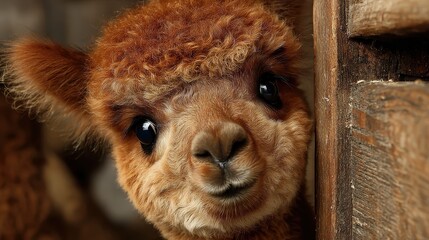 Obraz premium Two young alpacas touching noses shows connection and tenderness between animals; the young white and brown alpaca interacting intimately