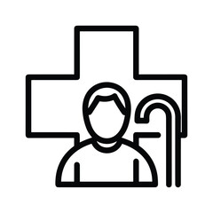 Person with cane in front of medical cross symbol representing elderly healthcare