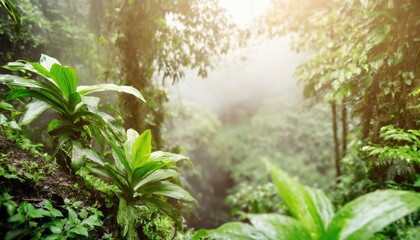 Humid tropical jungle with sun and fog around. Generated with AI