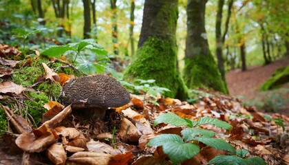 Hidden truffless mushrooms in the forest. Generated with AI