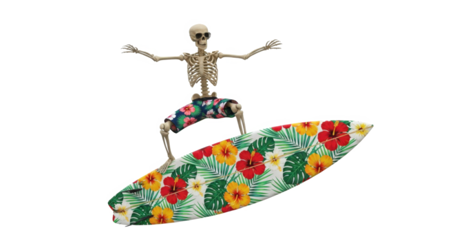 Skeleton Surfer Riding Tropical Hawaiian Flower Patterned Surfboard