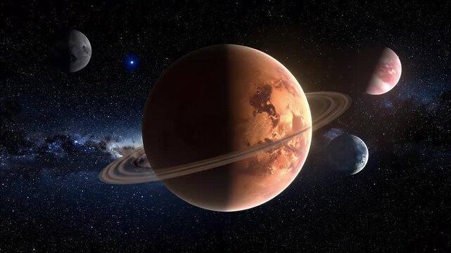 Reddish Brown Ringed Planet With Five Moons Against a Starry Milky Way Background in a Space Setting, Illuminated by Gradient Sunlight, Pixelated Texture, Stock Illustration
