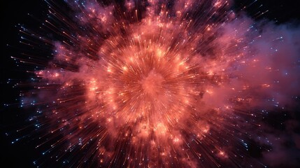 Close-up of a burst of fireworks in the night sky. the fireworks are in the shape of a flower-like shape, with a bright orange and pink color scheme.