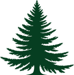 A dark green silhouette of a tall evergreen pine tree with a white background