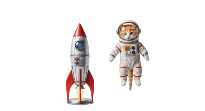 Cute Orange Tabby Cat Astronaut Floating Near Vintage Rocket Isolated on Transparent Background
