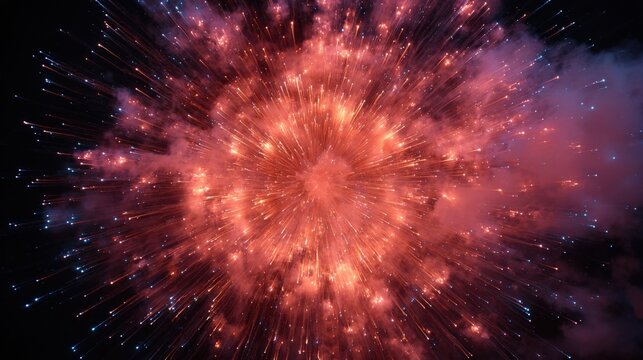 Close-up of a burst of fireworks in the night sky. the fireworks are in the shape of a flower-like shape, with a bright orange and pink color scheme.