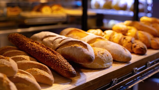 Different bread loaves and baguettes in a bakery shop. Generated with AI
