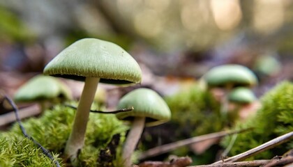 Details of Green Bud mushrooms in the forest. Generated with AI