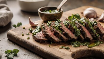 Close-up of sliced grilled steak with vibrant green sauce, on wooden board, with garlic