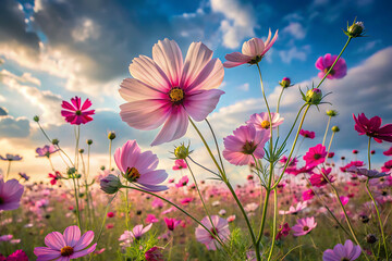 Field of cosmos flowers swaying in the wind