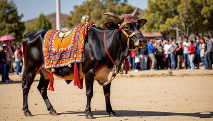 Decorated cow standing in festival attire during Pongal celebrations  