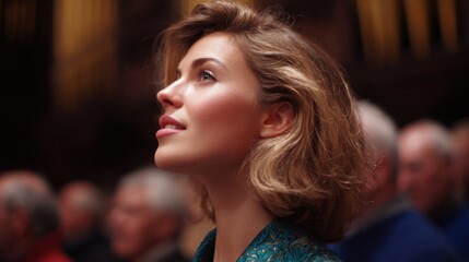 Fototapeta premium Close-up portrait of a young woman with shoulder-length blonde hair. she is looking up towards the sky with a peaceful expression on her face.