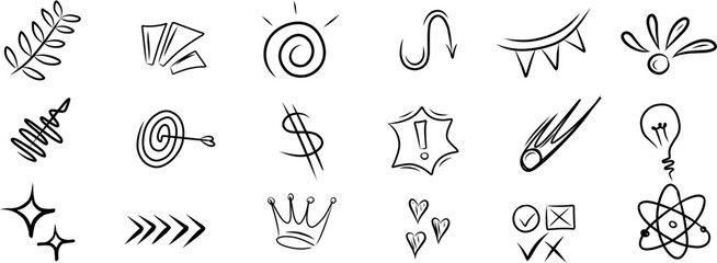 Hand-drawn doodle icon set featuring fun symbols, shapes, and expressive elements for creative projects, stickers, and playful designs.
