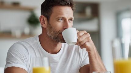 In a bright kitchen, a young man takes a moment to sip his steaming coffee. He appears thoughtful and relaxed, enjoying the simple pleasure of his morning routine