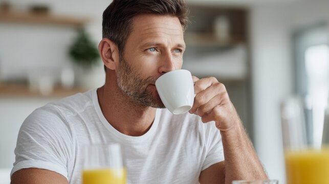 In a bright kitchen, a young man takes a moment to sip his steaming coffee. He appears thoughtful and relaxed, enjoying the simple pleasure of his morning routine