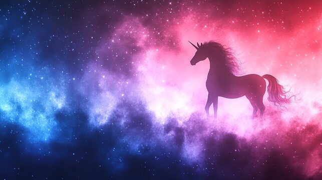 Majestic unicorn silhouetted against a vibrant cosmic nebula of pink and blue hues - Powered by Adobe
