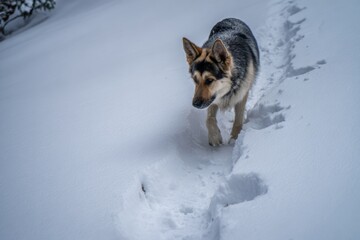 A dog explores a snowy landscape, making footprints in the fresh snow. The scene captures the beauty of winter and the dogs playful spirit during a chilly day